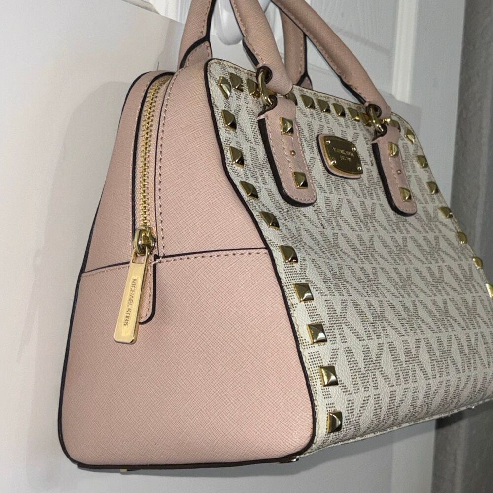 Michael Kors MK Sandrine Studded satchel purse bag pink logo gold xbody leather - Picture 4 of 11